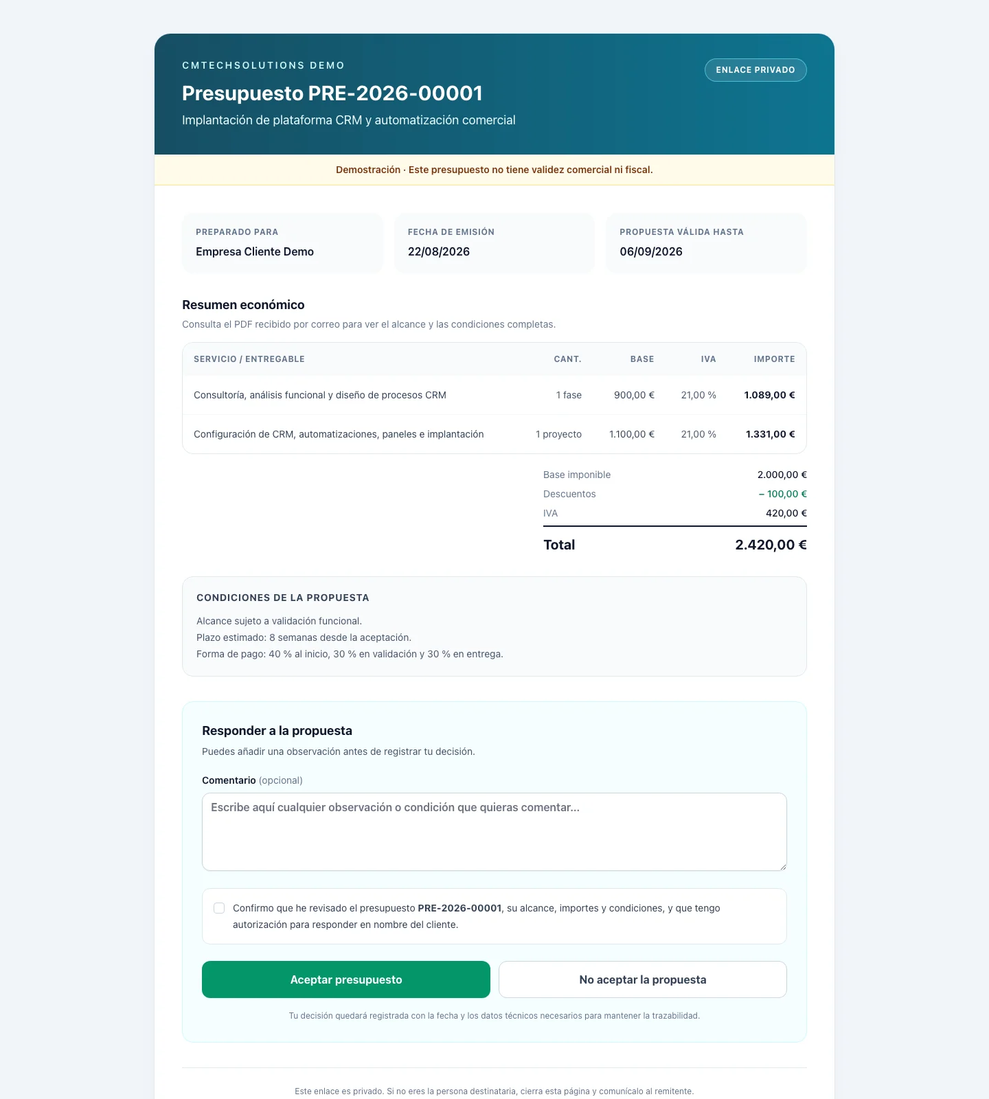 CMTech Facturación: presupuesto de demostración con datos ficticios
